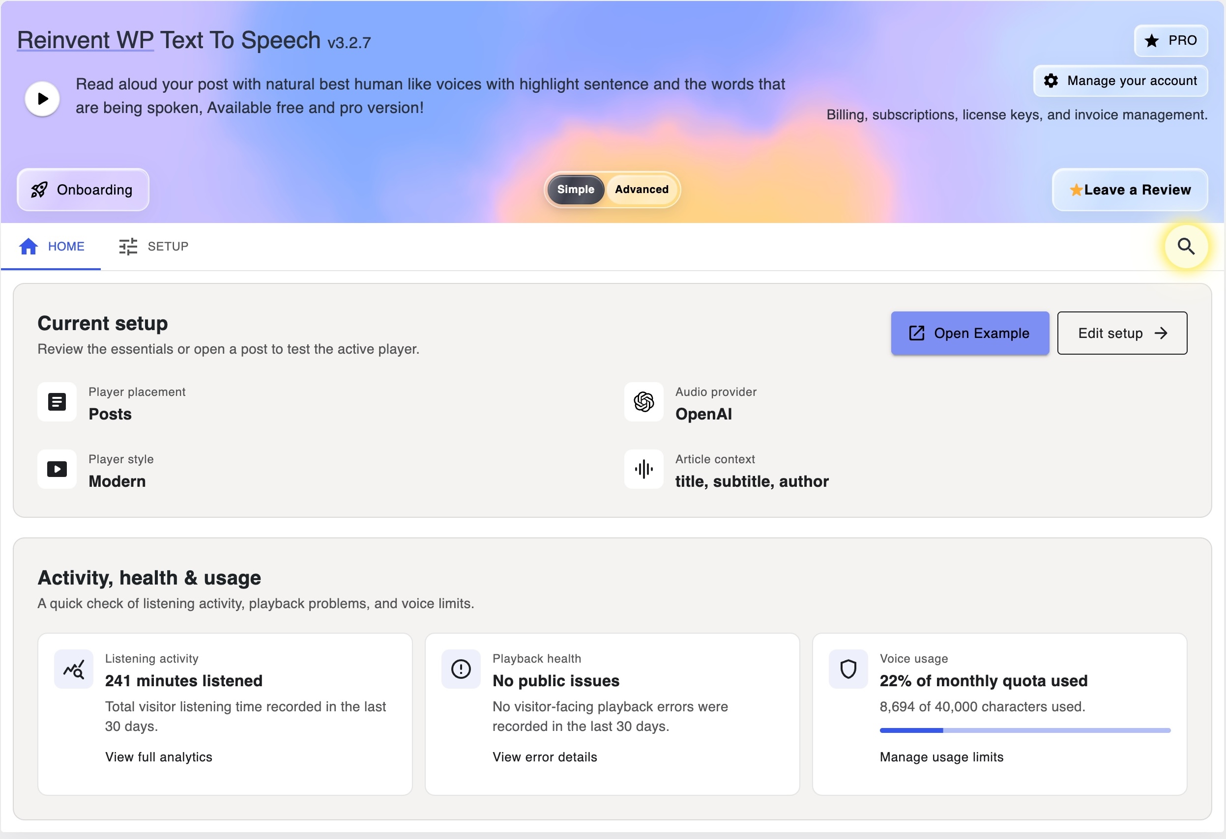 Simple mode home screen showing the current text-to-speech setup and usage