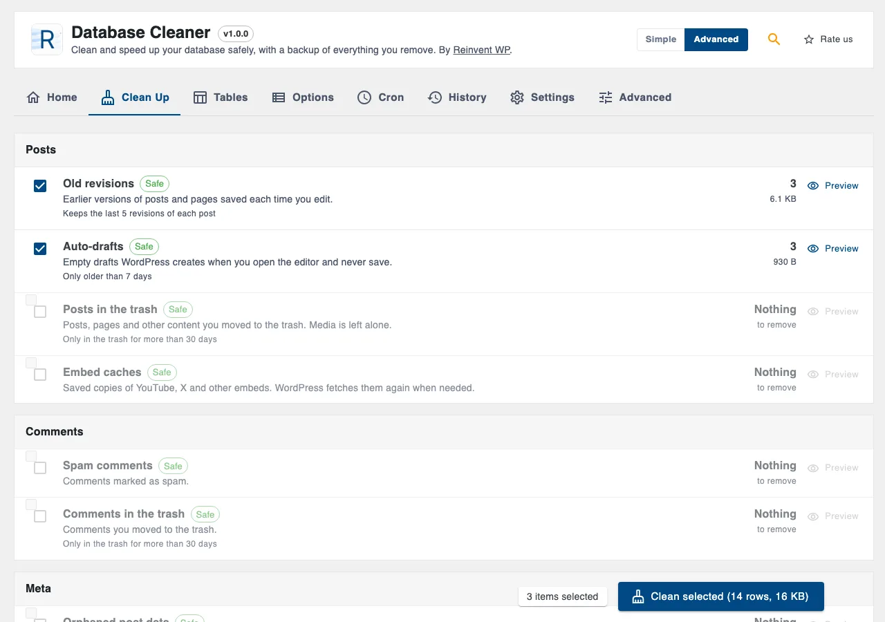 Clean Up: every item explained, with a preview.