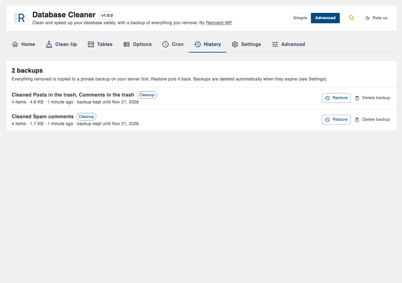 History with one-click restore.