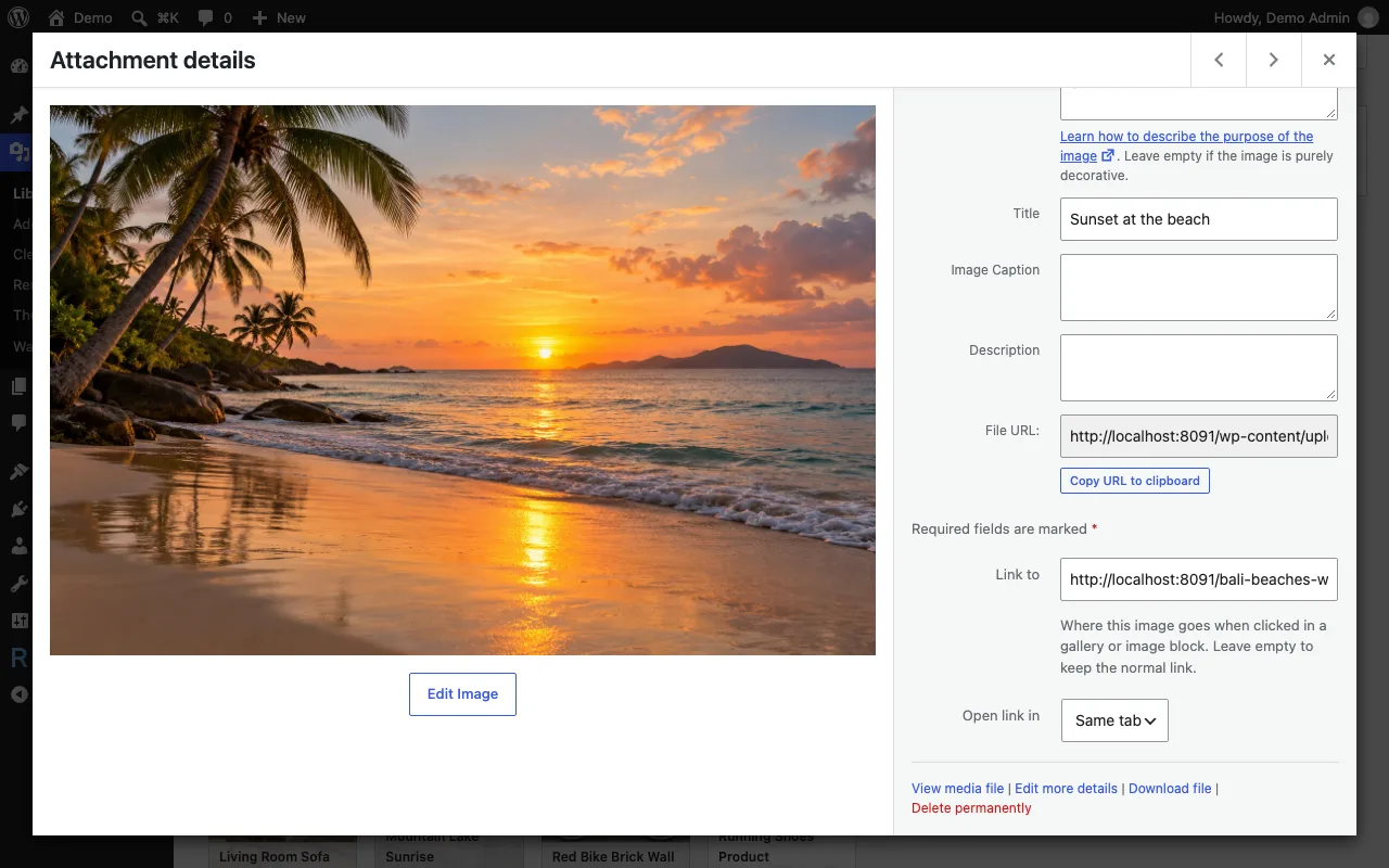 Set "Link to" and "Open link in" right in the image details of the Media Library.
