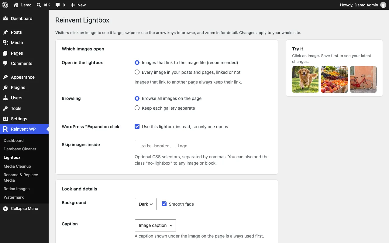 One simple settings page, with a preview of your own images.