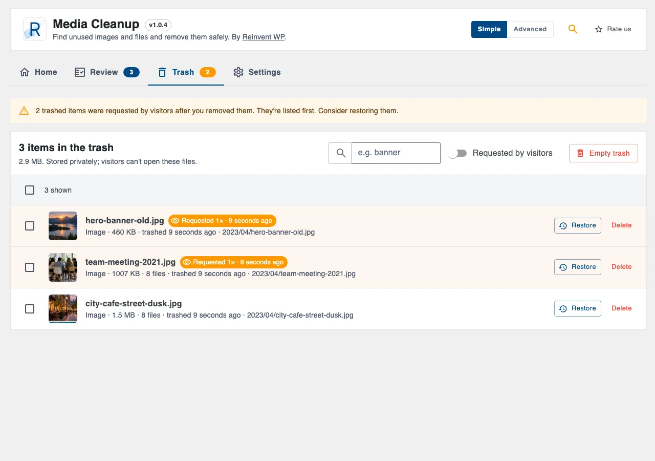 Trash: restore or delete for good, with visitor requests highlighted.