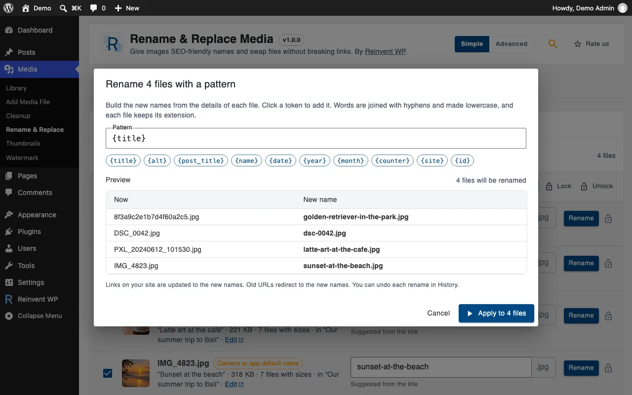 Rename many files at once with a pattern, and see every new name before anything changes.