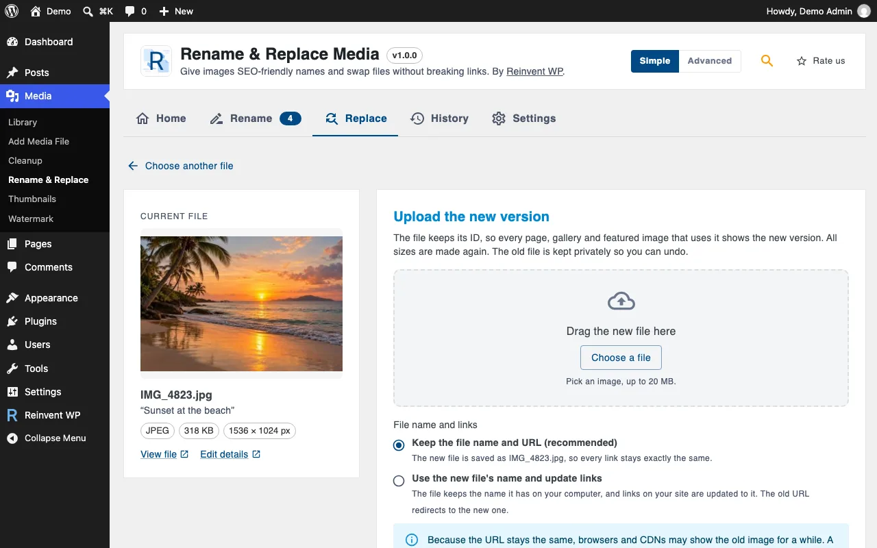 Swap in a new version of a file and keep its URL, so every page shows the new image.