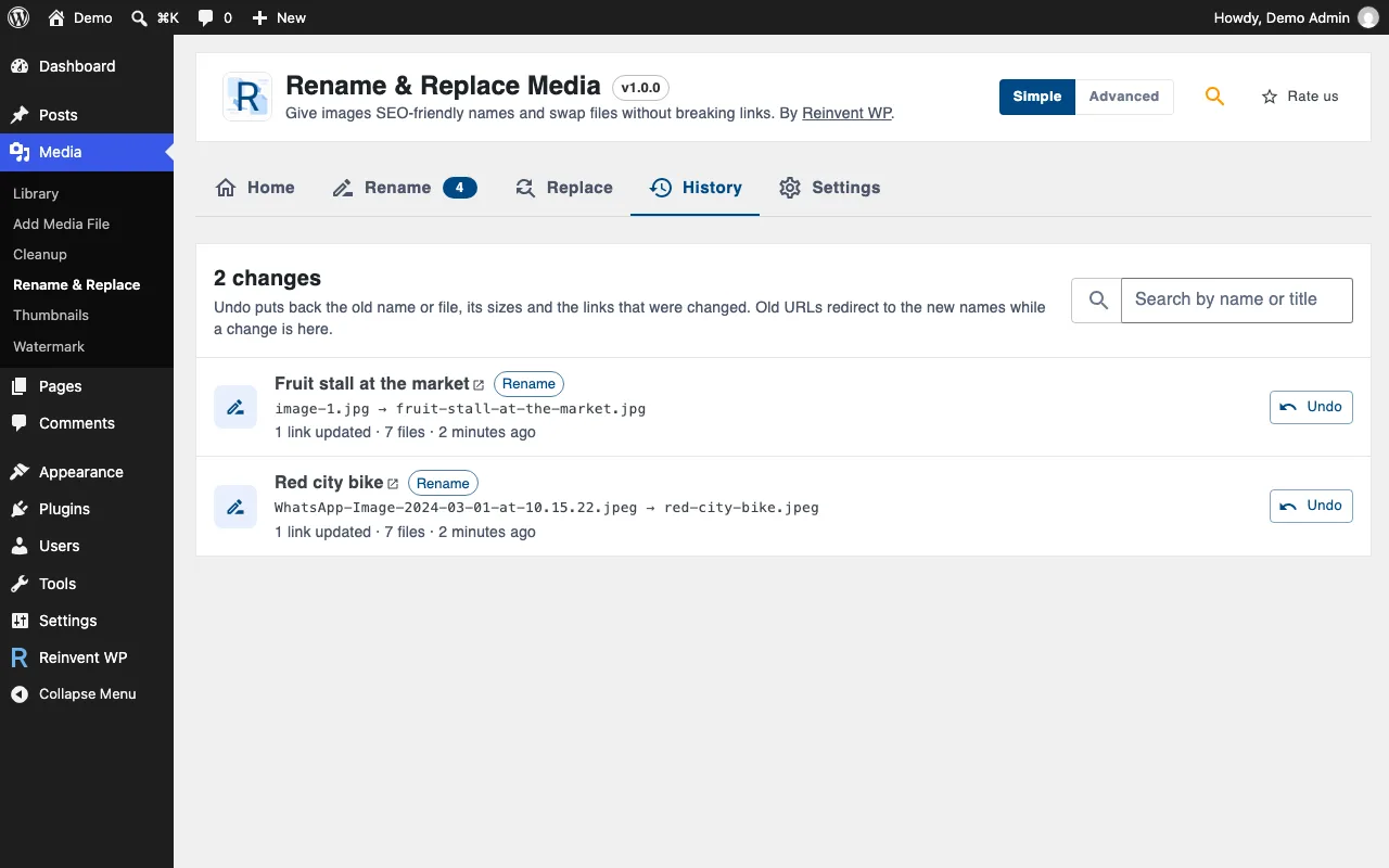 Undo a rename or replace from History; old URLs keep redirecting to the new names.