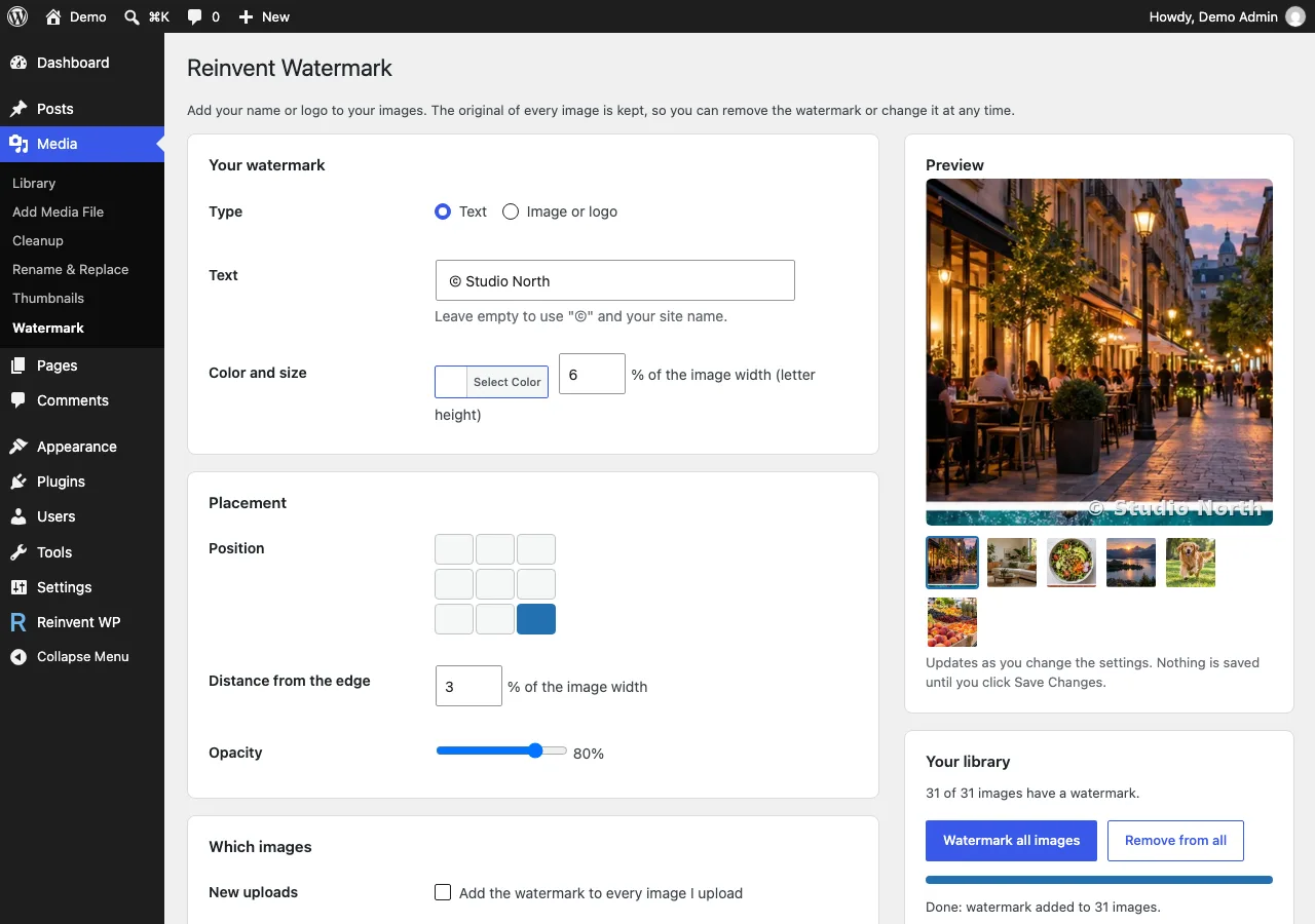 Watermark your whole library, or remove it from all images, with a progress bar.